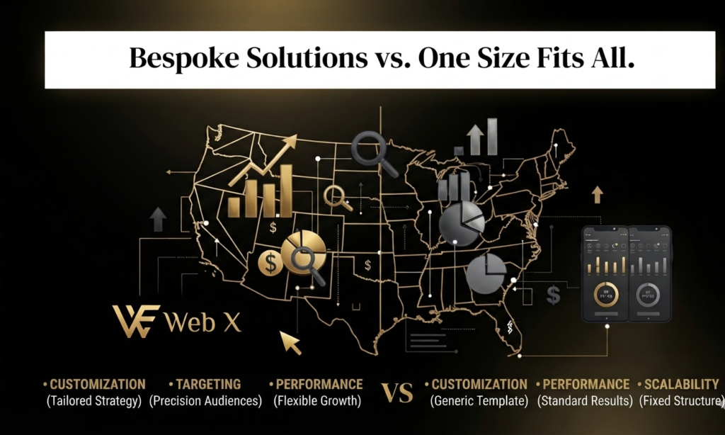 An infographic titled "Bespoke Solutions vs. One Size Fits All" presented in a black and gold theme. In the center, a gold-outlined map of the USA is connected by gold data lines to various charts, icons, and two smartphone screens. Below the map, a list of features compares "Bespoke Solutions" (Customization, Targeting, Performance) with "One Size Fits All" (Customization, Performance, Scalability), separated by a gold "VS". A "WebX" logo is in the bottom-left.