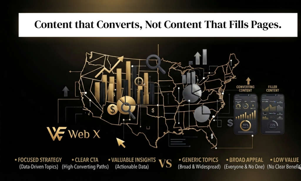 An infographic titled "Content that Converts, Not Content That Fills Pages." The central visual is a gold-outlined map of the USA connected by gold lines to various charts, a magnifying glass, and two smartphone screens showing data dashboards. At the bottom, a comparison list with a central gold "VS" details "Focused Strategy," "Clear CTA," and "Valuable Insights" versus "Generic Topics," "Broad Appeal," and "Low Value." A "Web X" logo is in the bottom-left.