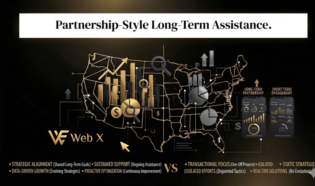 An infographic titled "Partnership-Style Long-Term Assistance" with a black and gold color scheme. At the center, a gold-outlined map of the USA is connected by lines to various charts, a magnifying glass, and two smartphone screens showing performance dashboards. Below the map, a list compares "Long-Term Partnership" features (Strategic Alignment, Sustained Support, Data-Driven Growth, Proactive Optimization) with "Short-Term Engagement" features (Transactional Focus, Isolated Efforts, Static Strategies, Reactive Solutions), separated by a gold "VS". A "Web X" logo is in the bottom-left.