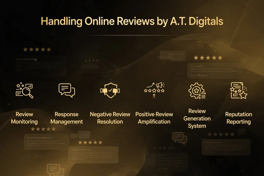 Golden and black gradient background with star ratings and review cards. Gold heading "Handling Online Reviews by A.T. Digitals" Below, six pillars: "Review Monitoring," "Response Management," "Negative Review Resolution," "Positive Review Amplification," "Review Generation System," and "Reputation Reporting."