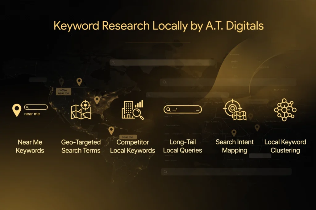  Golden and black gradient background with world map, search bars, and location pins. Gold heading "Keyword Research Locally by A.T. Digitals" Below, six pillars: "Near Me Keywords," "Geo-Targeted Search Terms," "Competitor Local Keywords," "Long-Tail Local Queries," "Search Intent Mapping," and "Local Keyword Clustering."