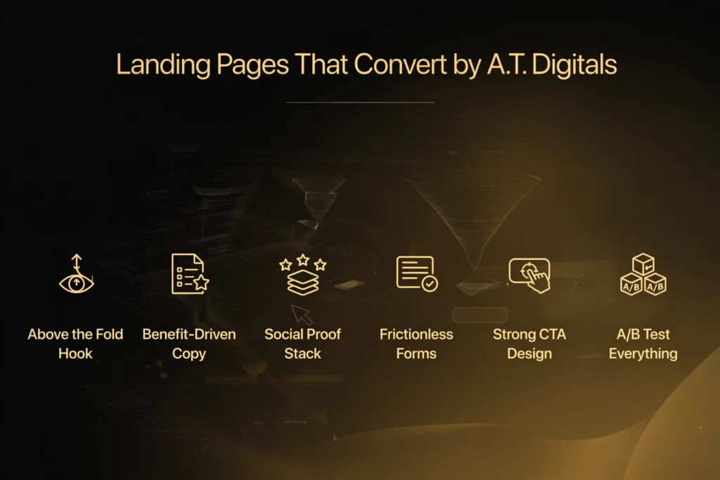 Golden and black gradient background with landing page wireframe and conversion funnel. Gold heading "Landing Pages That Convert by A.T. Digitals" Below, six pillars: "Above the Fold Hook," "Benefit-Driven Copy," "Social Proof Stack," "Frictionless Forms," "Strong CTA Design," and "A/B Test Everything".