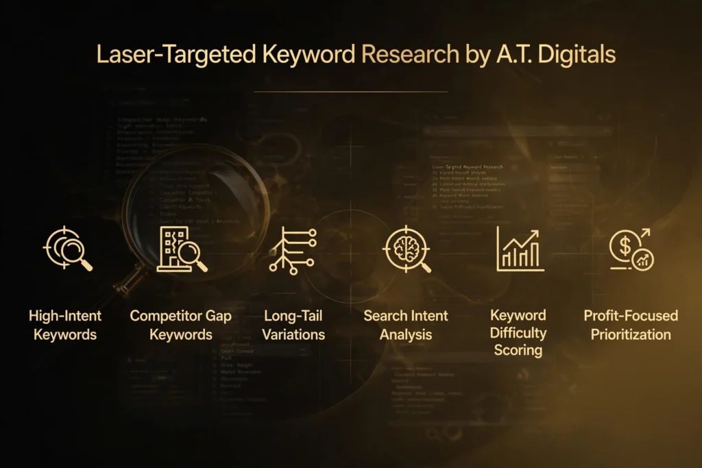 Golden and black gradient with magnifying glass over keyword list and targeting crosshair. Gold heading "Laser-Targeted Keyword Research by A.T. Digitals" Below, six pillars: "High-Intent Keywords," "Competitor Gap Keywords," "Long-Tail Variations," "Search Intent Analysis," "Keyword Difficulty Scoring," and "Profit-Focused Prioritisation".