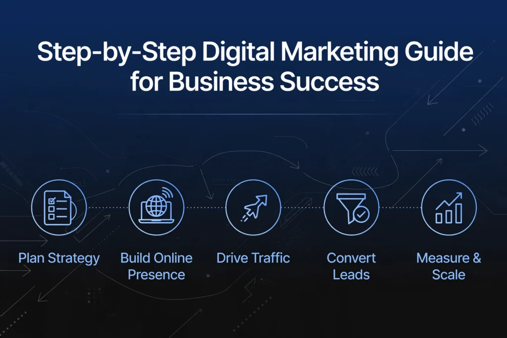 Navy blue and black gradient background with subtle roadmap and step-by-step arrow graphic. White heading "Step-by-Step Digital Marketing Guide for Business Success" Below, five guide phases are spaced out: "Plan Strategy," "Build Online Presence," "Drive Traffic," "Convert Leads," and "Measure & Scale."