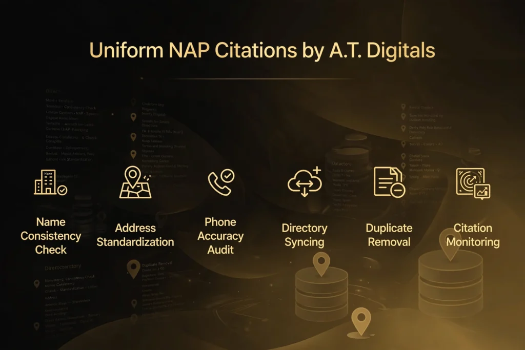 Golden and black gradient background with business directories and database pins. Gold heading "Uniform NAP Citations by A.T. Digitals" Below, six pillars: "Name Consistency Check," "Address Standardization," "Phone Accuracy Audit," "Directory Syncing," "Duplicate Removal," and "Citation Monitoring."