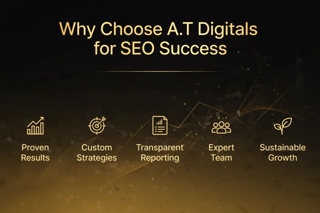 Golden and black gradient background with subtle upward graph and trophy graphic. Gold heading "Why Choose A.T Digitals for SEO Success" Below, five benefits are spaced out: "Proven Results," "Custom Strategies," "Transparent Reporting," "Expert Team," and "Sustainable Growth."