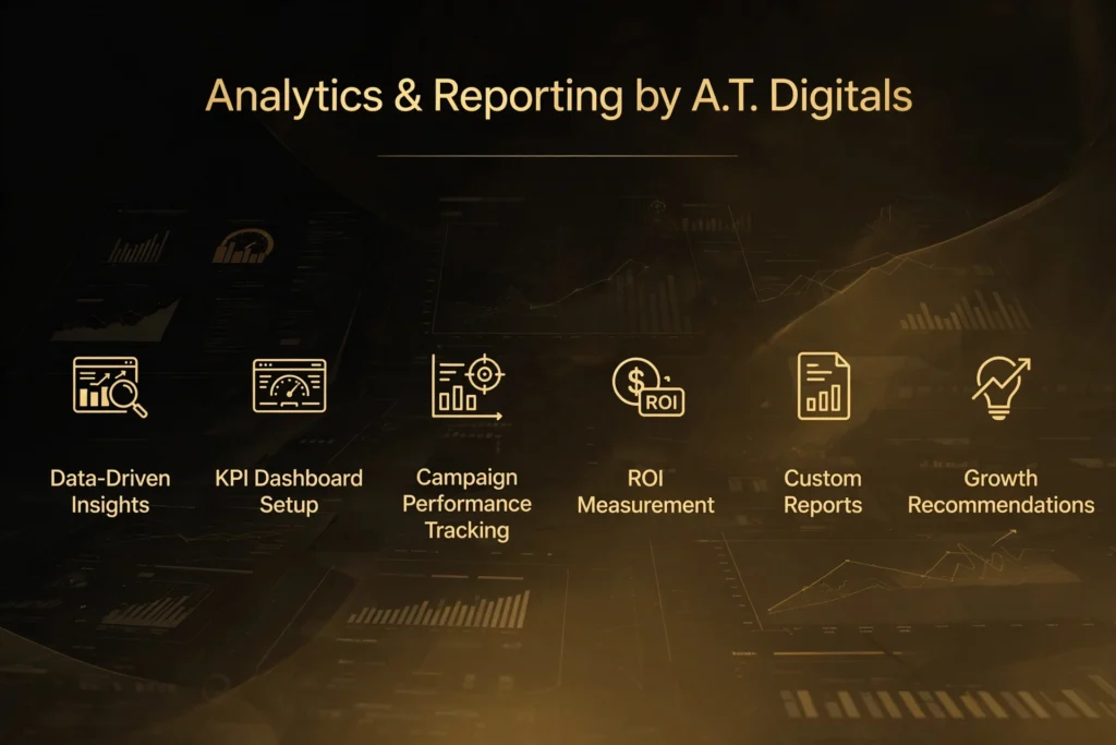 Golden and black gradient background with subtle data charts and dashboard graphics. Gold heading "Analytics & Reporting by A.T. Digitals" Below, six pillars are spaced out: "Data-Driven Insights," "KPI Dashboard Setup," "Campaign Performance Tracking," "ROI Measurement," "Custom Reports," and "Growth Recommendations."