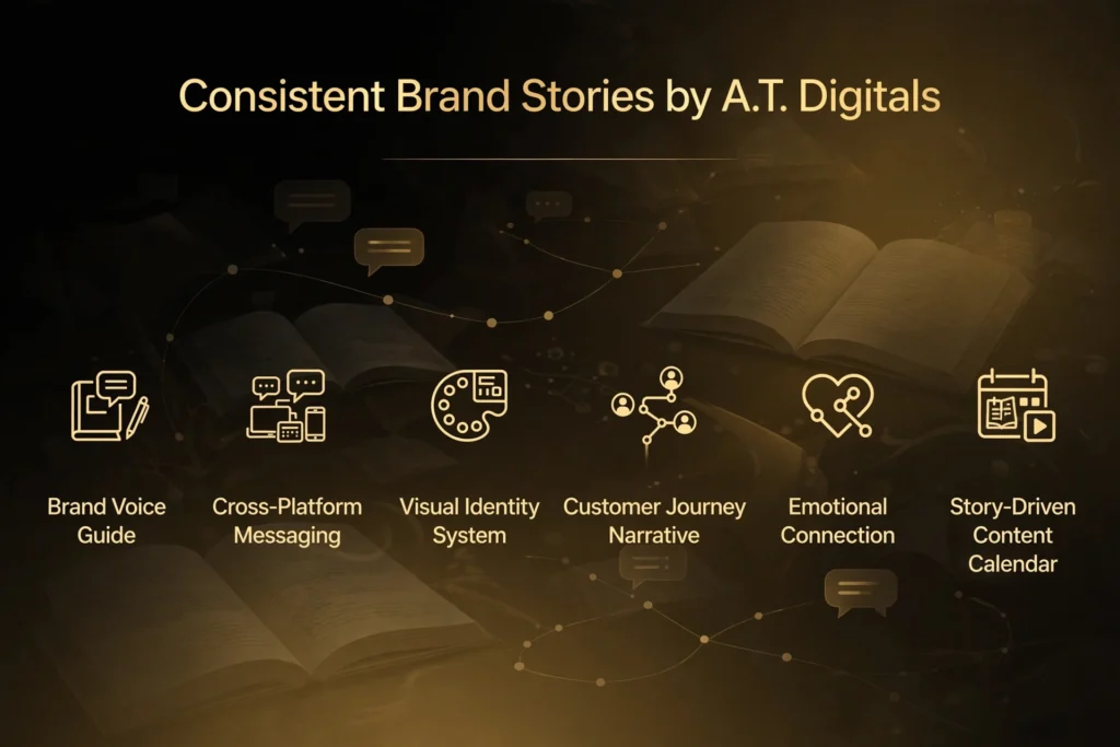Golden and black gradient background with subtle book pages and connected story path graphic. Gold heading "Consistent Brand Stories by A.T. Digitals" Below, six elements are spaced out: "Brand Voice Guide," "Cross-Platform Messaging," "Visual Identity System," "Customer Journey Narrative," "Emotional Connection," and "Story-Driven Content Calendar."