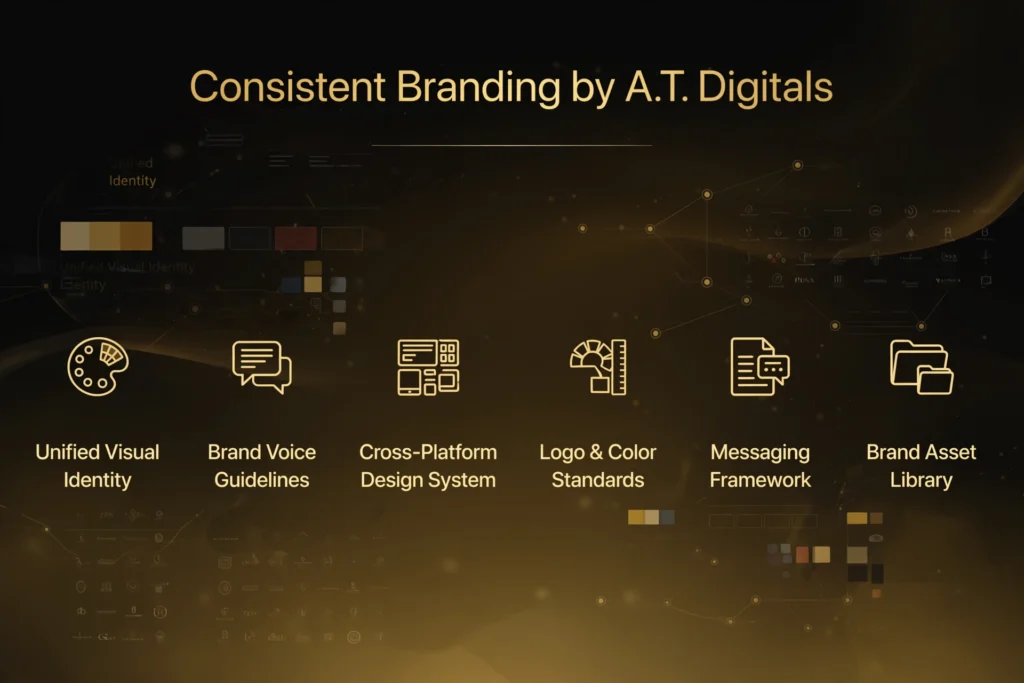 Golden and black gradient background with subtle brand style guide and logo grid graphic. Gold heading "Consistent Branding by A.T. Digitals" Below, six pillars are spaced out: "Unified Visual Identity," "Brand Voice Guidelines," "Cross-Platform Design System," "Logo & Color Standards," "Messaging Framework," and "Brand Asset Library".