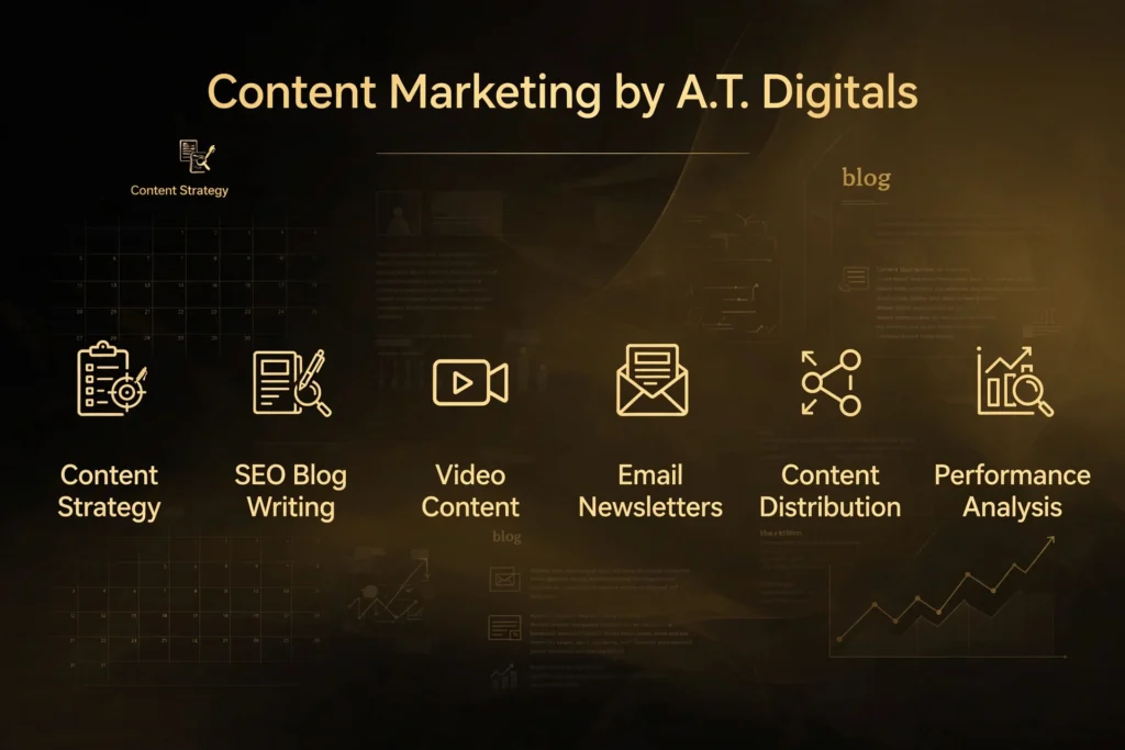 Golden and black gradient background with subtle content calendar and blog icons graphic. Gold heading "Content Marketing by A.T. Digitals" Below, six pillars are spaced out: "Content Strategy," "SEO Blog Writing," "Video Content," "Email Newsletters," "Content Distribution," and "Performance Analysis."