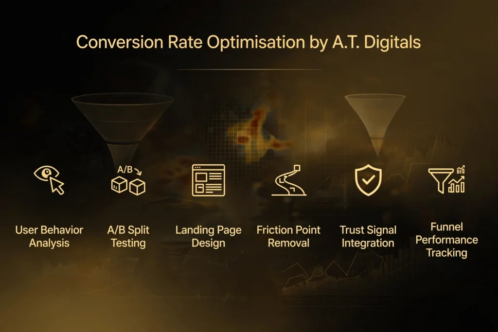 Golden and black gradient background with subtle conversion funnel and heatmap graphic. Gold heading "Conversion Rate Optimisation by A.T. Digitals" Below, six pillars are spaced out: "User Behavior Analysis," "A/B Split Testing," "Landing Page Design," "Friction Point Removal," "Trust Signal Integration," and "Funnel Performance Tracking."