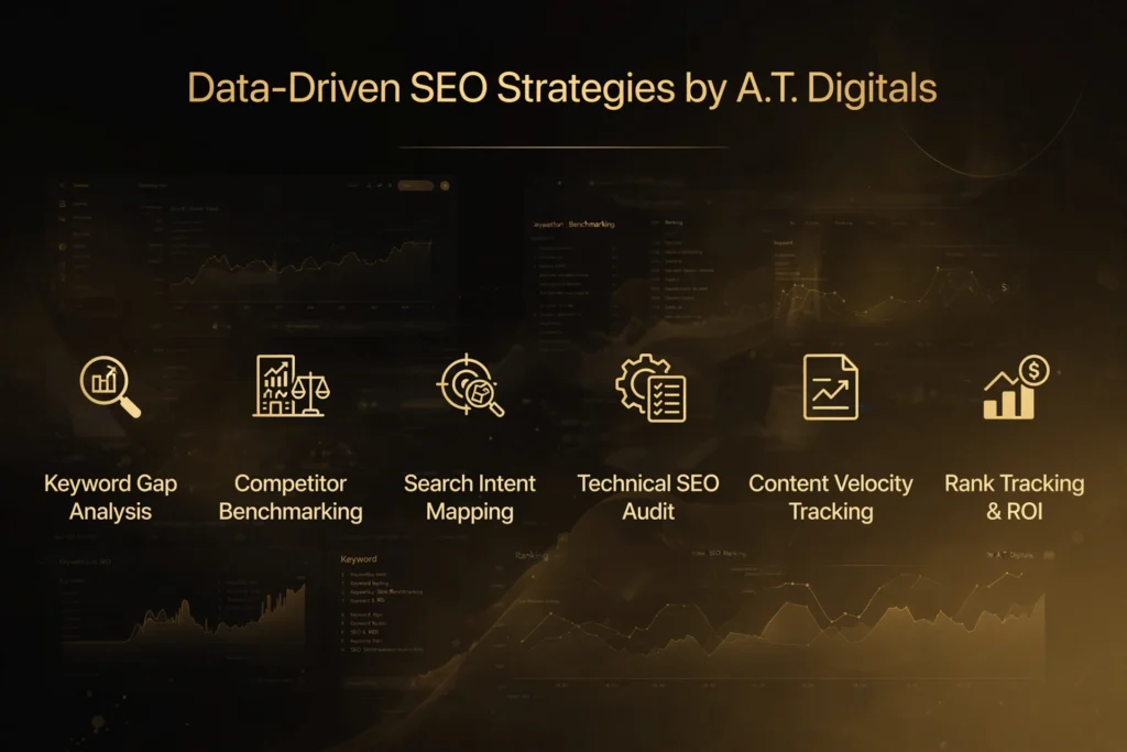 Golden and black gradient background with subtle SEO analytics dashboard and keyword graphs. Gold heading "Data-Driven SEO Strategies by A.T. Digitals" Below, six strategies are spaced out: "Keyword Gap Analysis," "Competitor Benchmarking," "Search Intent Mapping," "Technical SEO Audit," "Content Velocity Tracking," and "Rank Tracking & ROI."