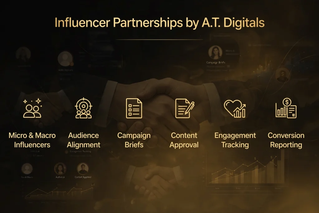 Golden and black gradient background with subtle handshake, social media profiles, and reach analytics graphic. Gold heading "Influencer Partnerships by A.T. Digitals" Below, six pillars are spaced out: "Micro & Macro Influencers," "Audience Alignment," "Campaign Briefs," "Content Approval," "Engagement Tracking", and "Conversion Reporting".