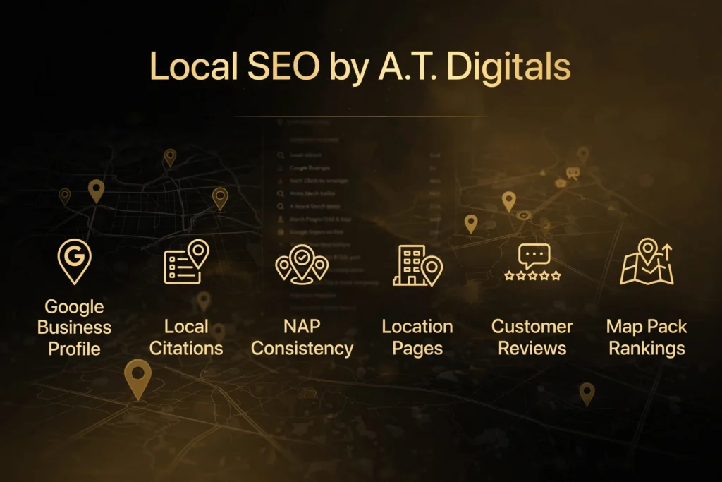 Golden and black gradient background with subtle map pins and local search grid graphic. Gold heading "Local SEO by A.T. Digitals" Below, six pillars are spaced out: "Google Business Profile," "Local Citations," "NAP Consistency," "Location Pages," "Customer Reviews," and "Map Pack Rankings."