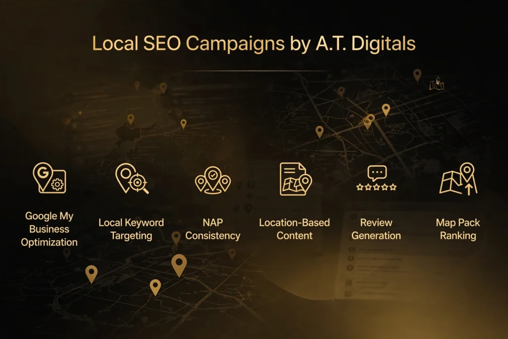 Golden and black gradient background with subtle map pins and local search grid graphic. Gold heading "Local SEO Campaigns by A.T. Digitals" Below, six pillars are spaced out: "Google My Business Optimization," "Local Keyword Targeting," "NAP Consistency," "Location-Based Content," "Review Generation," and "Map Pack Ranking".