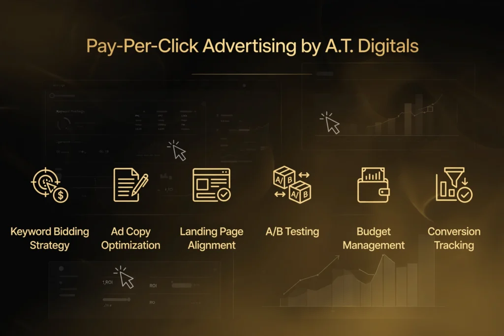 Golden and black gradient background with subtle click cursor, ad dashboard, and ROI graph graphic. Gold heading "Pay-Per-Click Advertising by A.T. Digitals" Below, six pillars are spaced out: "Keyword Bidding Strategy," "Ad Copy Optimization," "Landing Page Alignment," "A/B Testing," "Budget Management," and "Conversion Tracking."