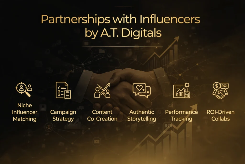 Golden and black gradient background with subtle handshake, social media icons, and growth graph graphic. Gold heading "Partnerships with Influencers by A.T. Digitals" Below, six pillars are spaced out: "Niche Influencer Matching," "Campaign Strategy," "Content Co-Creation," "Authentic Storytelling," "Performance Tracking," and "ROI-Driven Collabs."